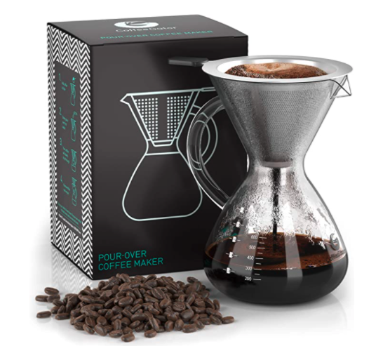 Gkcity Bean Envy Pour Over Coffee Maker - 4 Cup Borosilicate Glass Carafe -  Rust Resistant Stainless Steel Paperless Filter/Dripper - Includes Custom