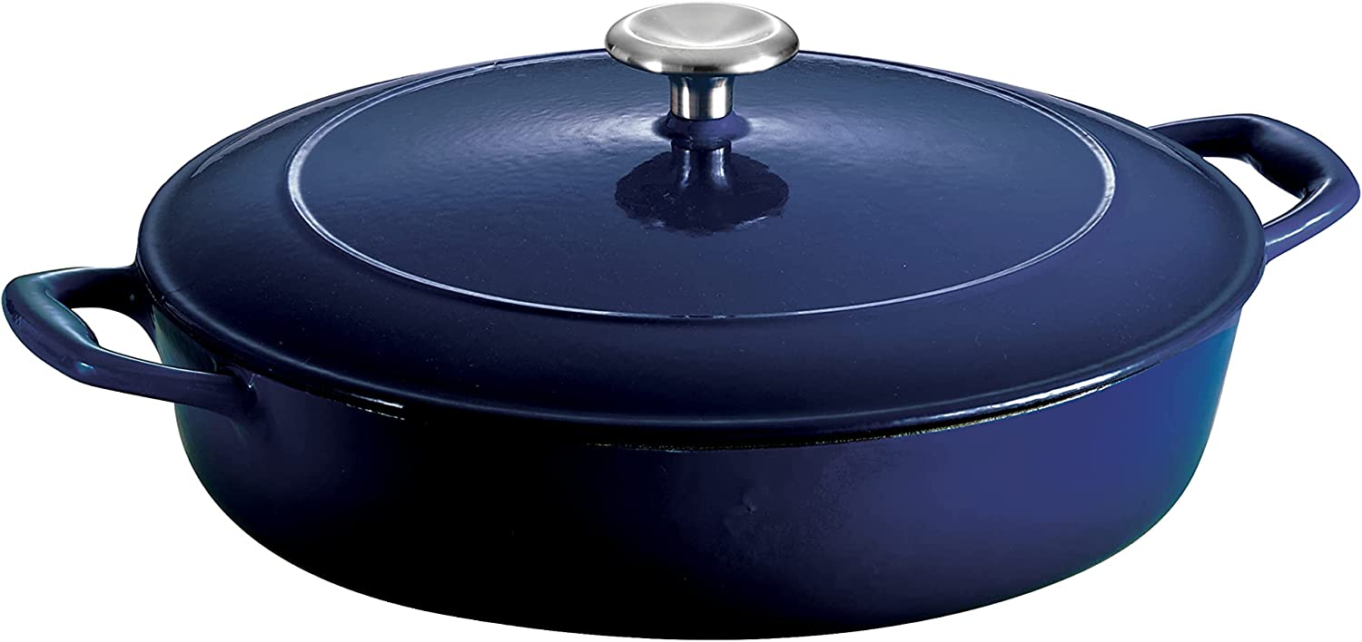 Bruntmor Enameled Cast Iron Braiser with Lid - Dual Handle 3.3 Quart Cast  Iron Braising Pan for BBQ, Fryer, and Camping - Pre-Seasoned Dutch Oven  with