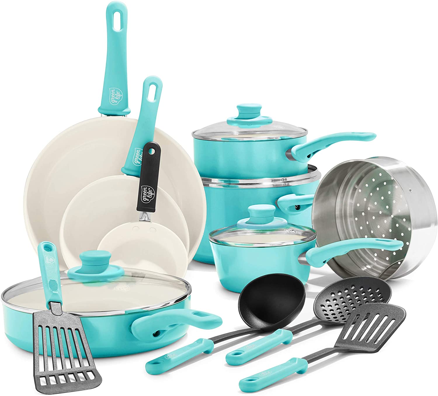 Greenlife Soft Grip Easy Clean Ceramic Cookware Set 16 Piece