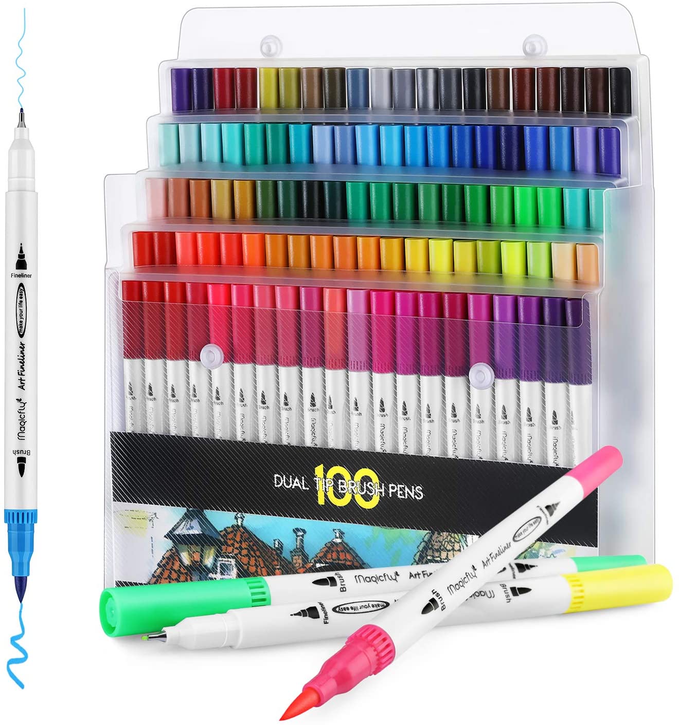 60 Colors Dual Tip Brush Pens Art Markers by Tanmit, 0.4mm Fine