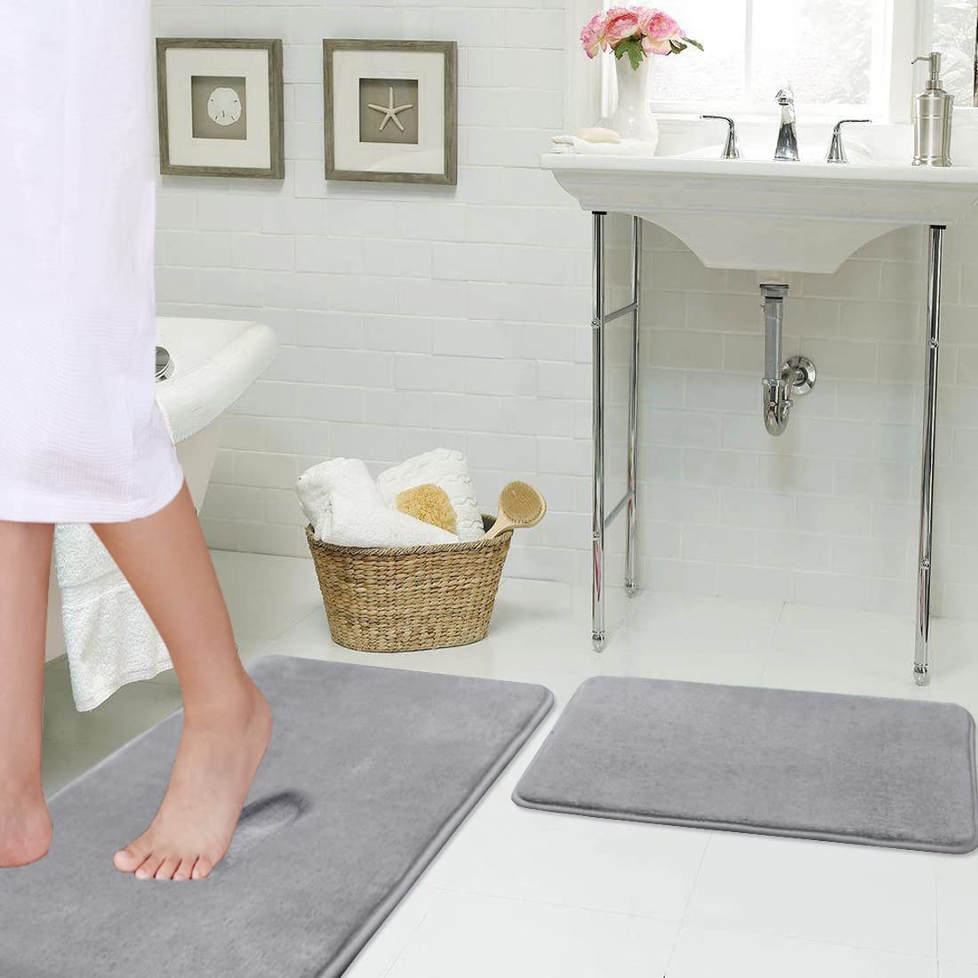 Gorilla Grip Memory Foam Bath Rug, 30x20, Thick Soft Striped Bathroom Mat,  Absorbent Decorative Mats, Machine