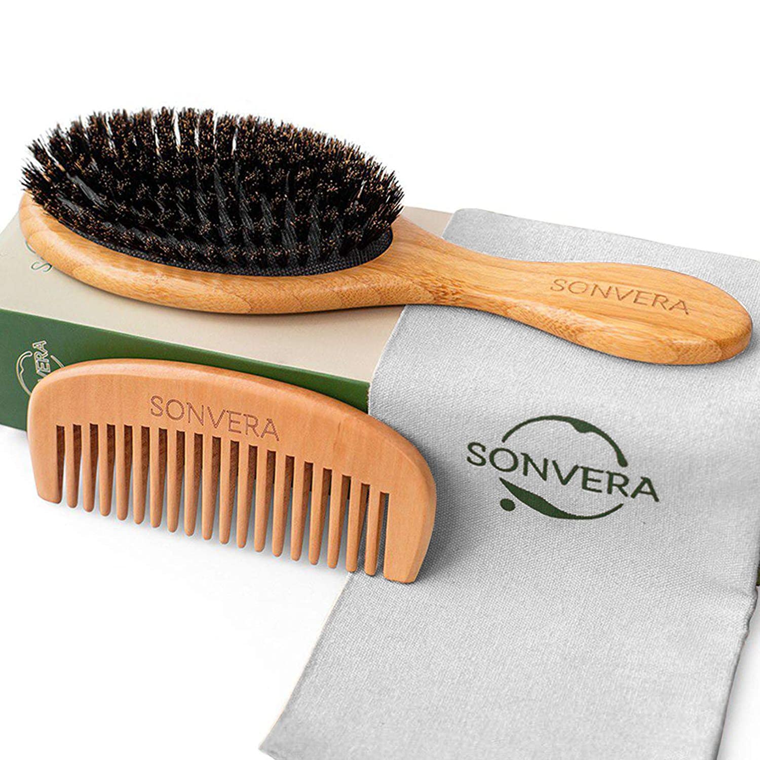 Belula 100% Boar Bristle Hair Brush Set. Soft Natural Bristles for