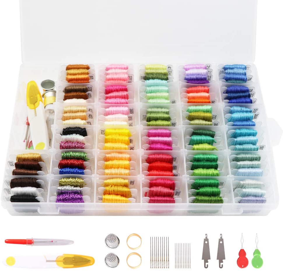 Similane Embroidery Kit 215 Pcs,100 Colors Threads,5 Pcs Embroidery Hoops,3 Pcs Aida Cloth,40 Sewing Pins,Cross Stitch Tools and Embroidery Starter