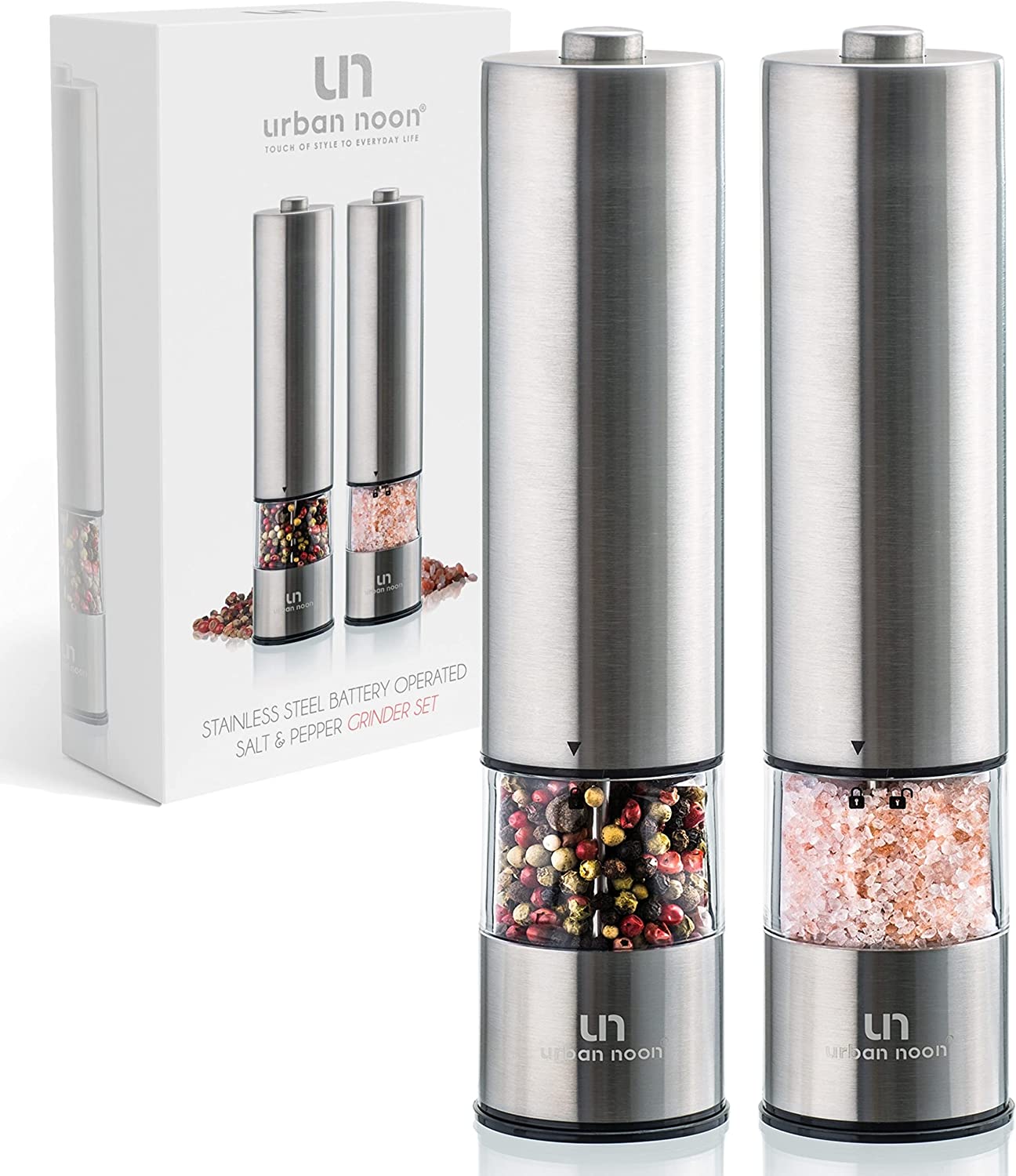 Flafster Kitchen Battery Operated Salt and Pepper Grinder Set - Electric Stainless Steel