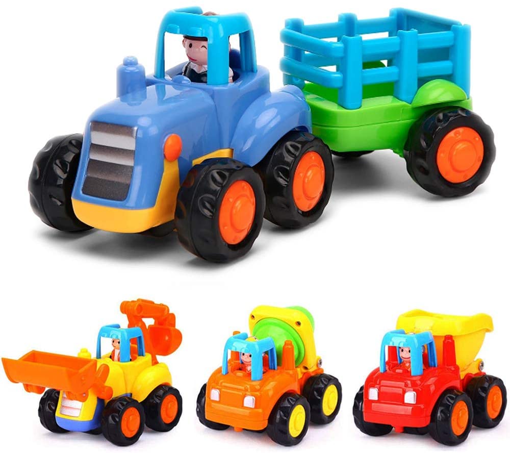 Toys for a 2 Year Old Boy - 4 Friction Powered Trucks for 3+ Year Old Boys,  Push & Go Cars Cartoon Construction Vehicle Set - Best Toddler Boys Toys 