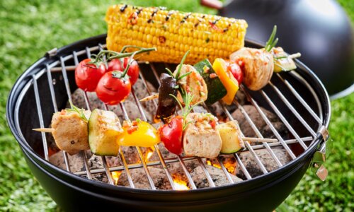 Vegetables and tofu kebab grilling on grid grille with fresh corn, viewed in close-up against green lawn grass in background