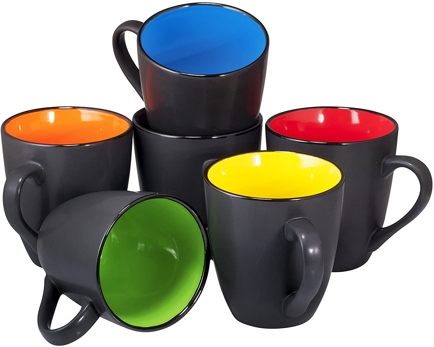 Klikel 6 Colored Coffee Mugs Set - 16oz Flat Bottom Stoneware - Bright