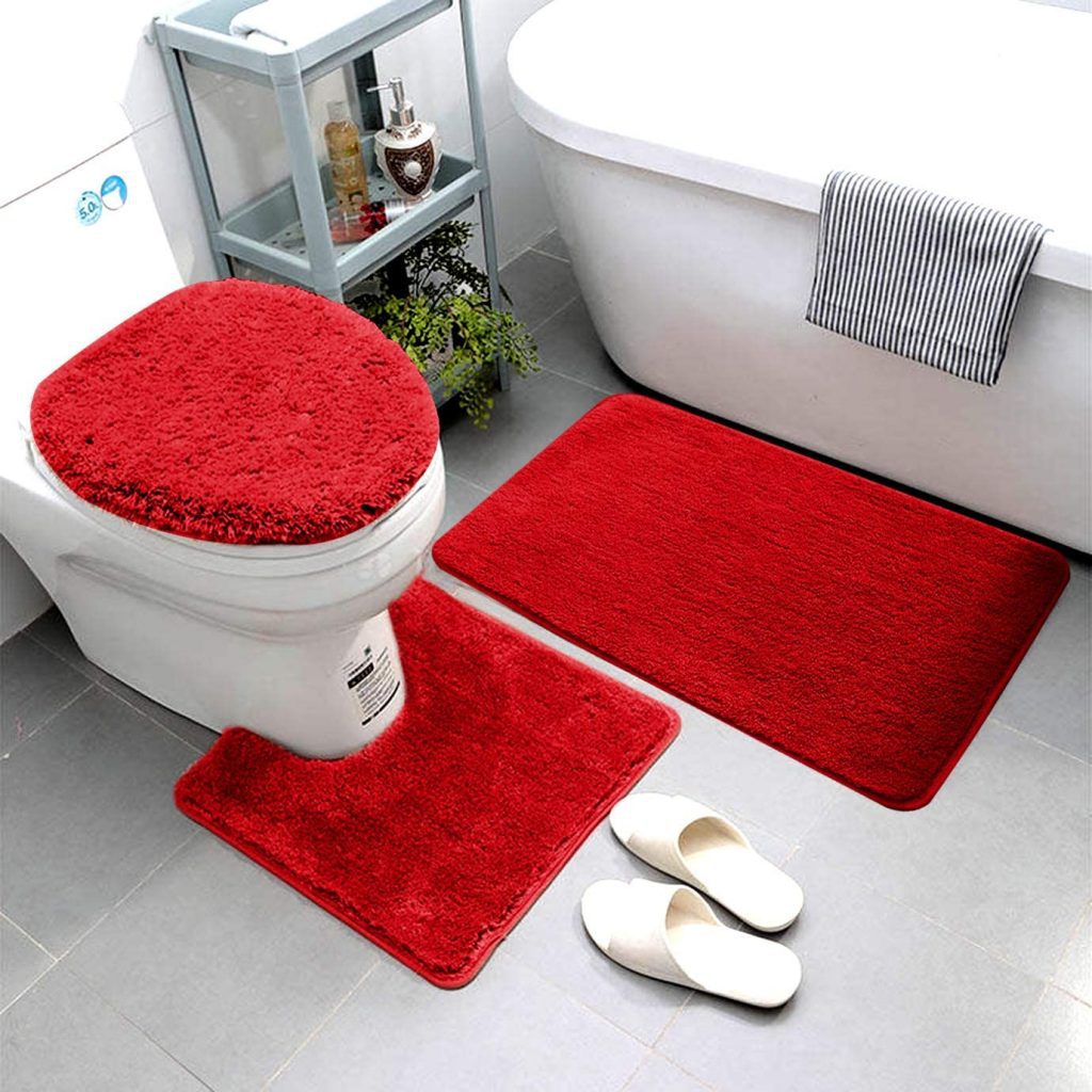 Smart Linen Rubber Backing Red Bathroom Rug Set, 3Piece