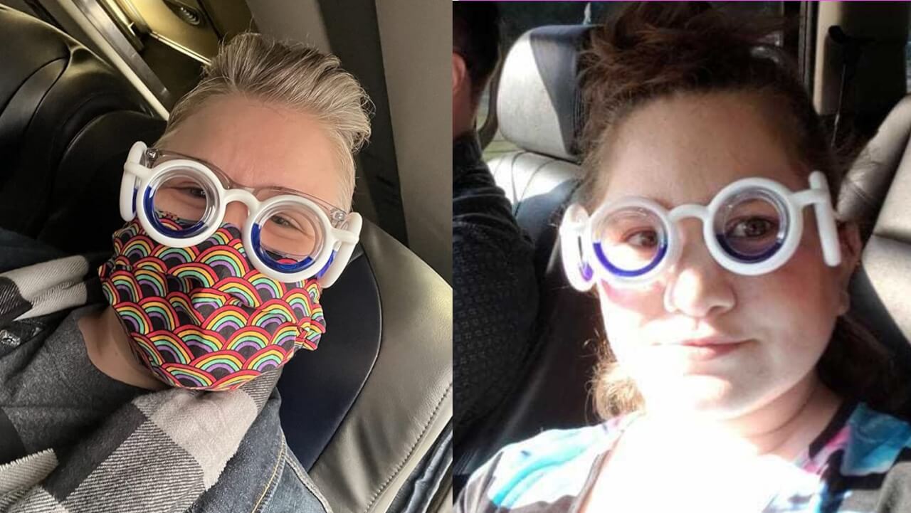 two people wearing motion sickness glasses