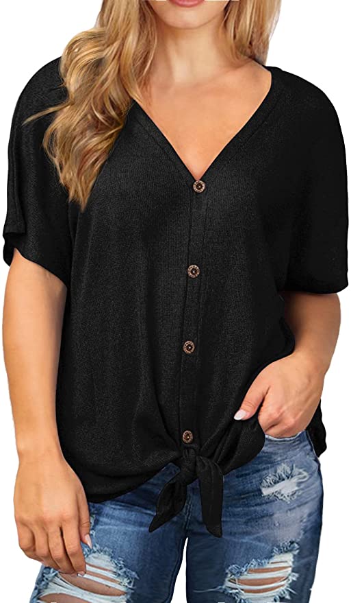 ALLEGRACE Button V Neck Short Sleeve Tunic Plus-Size Top