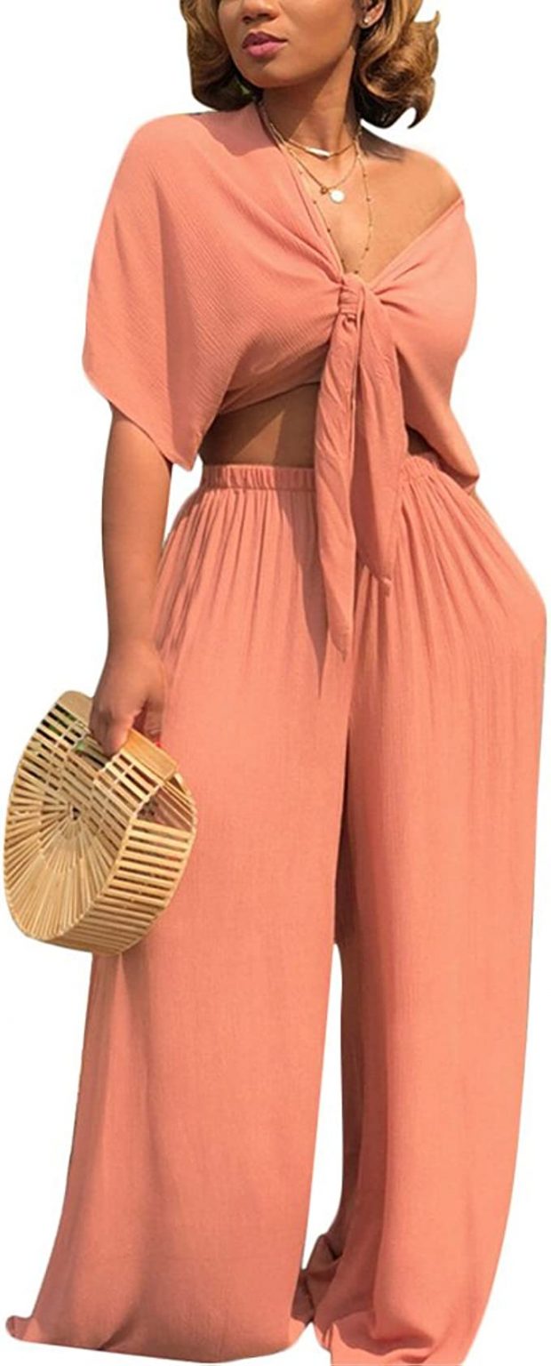 Aro Lora Tie Front Crop Top & Wide Leg Pants Women's Two-Piece Outfit Set