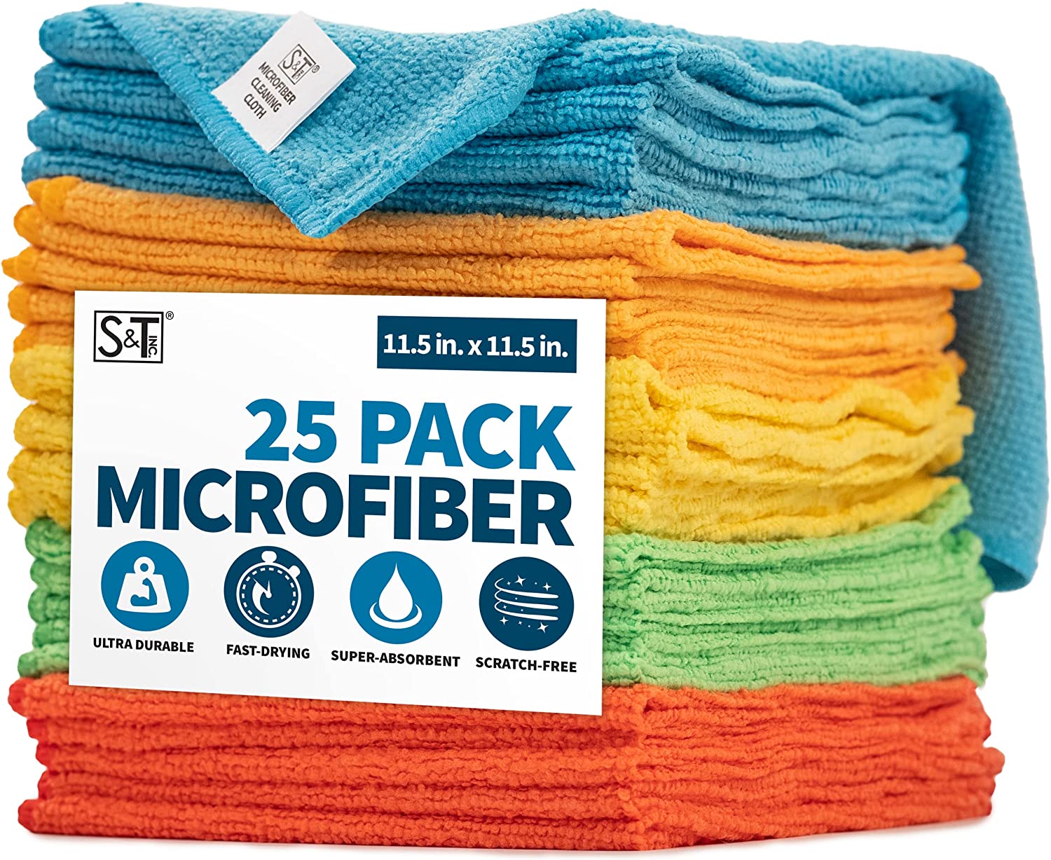 S&T Inc. 12 Pack Microfiber Cleaning Cloth, Bulk Microfiber Towel for Home, Reusable and Lint Free Cloth Towels for Car, Assorted Colors, 12 inch x