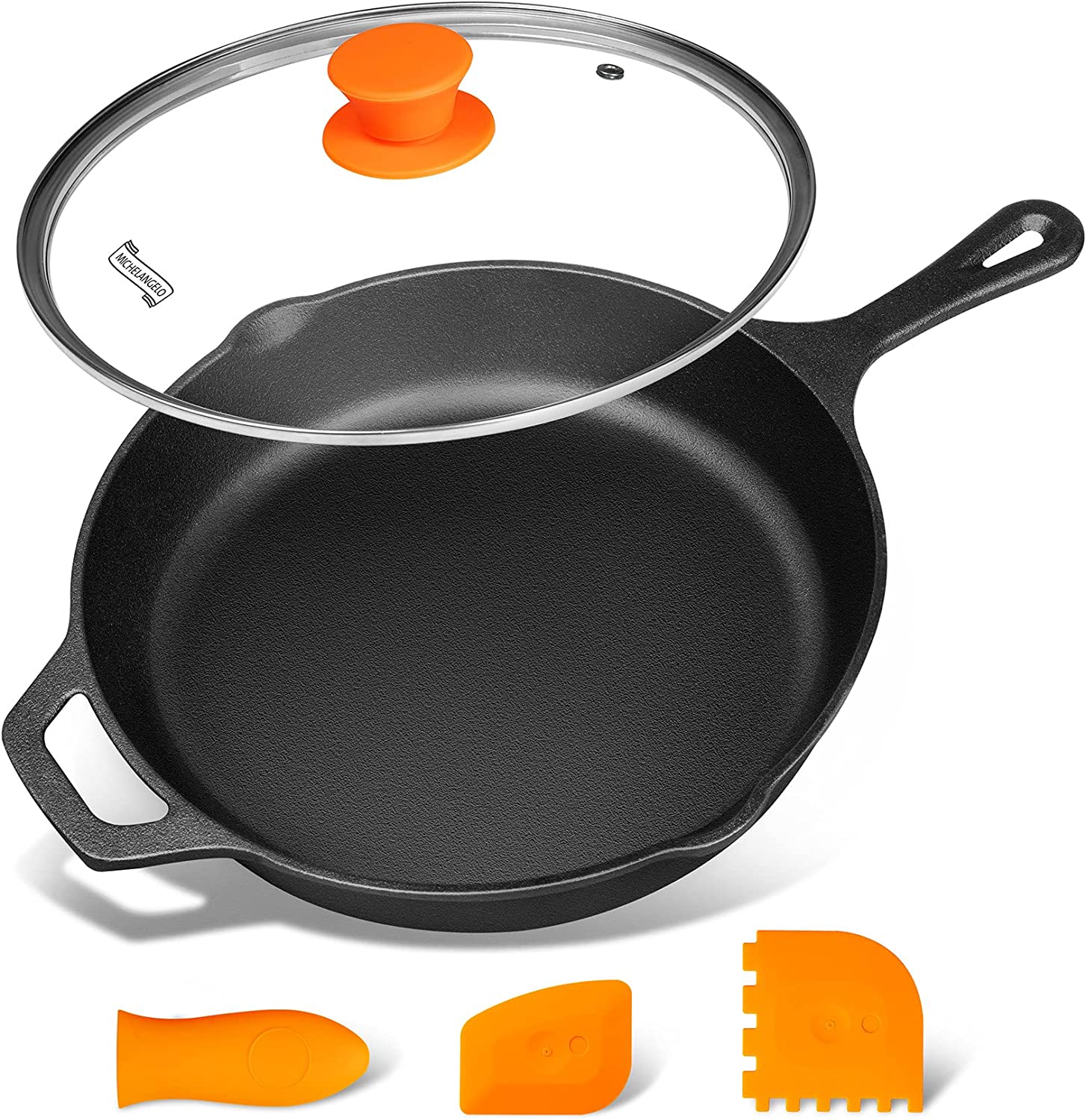 Nutrichef 10inch and 12inch Pre-Seasoned Cast Iron Skillet - Non-Stick Cooking Pan with Assist Silicone Handle (2-Piece Set)