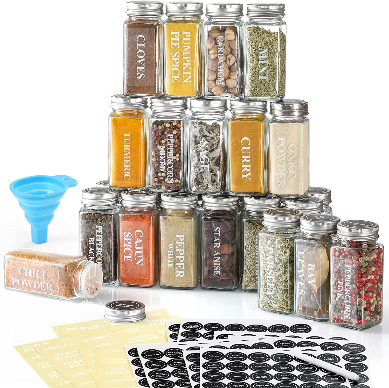 NETANY 24 Pcs Spice Jars with Labels - 4 oz Glass Spice Jars with