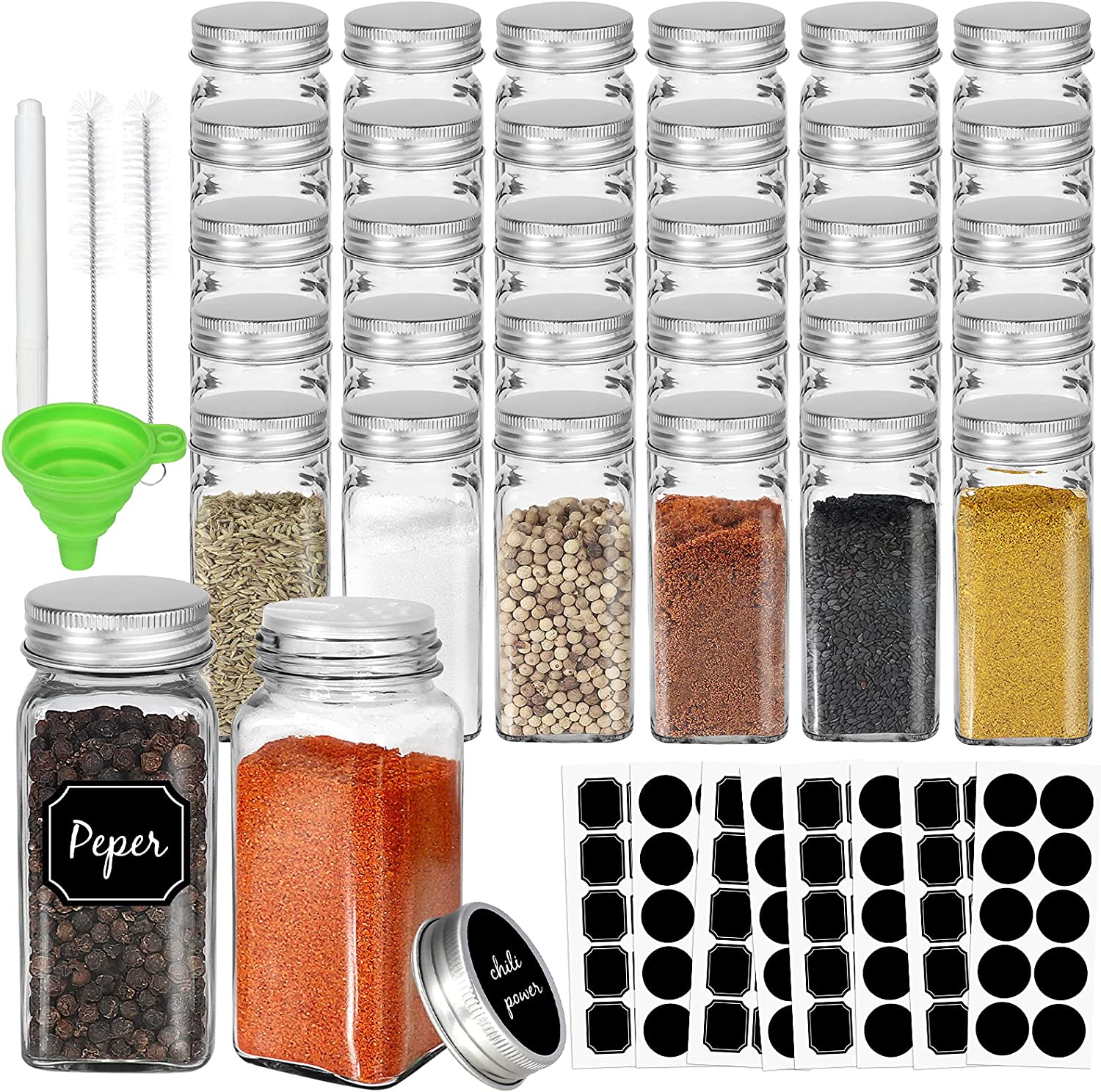 Complete Set of 24 Glass Spice Jars with Labels 4oz Square Bottles with  Shaker Lids and Airtight Metal Caps, Includes Silicone Collapsible Funnel  for Easy Filling and Refilling