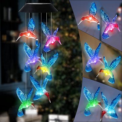 DesGully Solar Powered Color Changing Hummingbird Wind Chimes