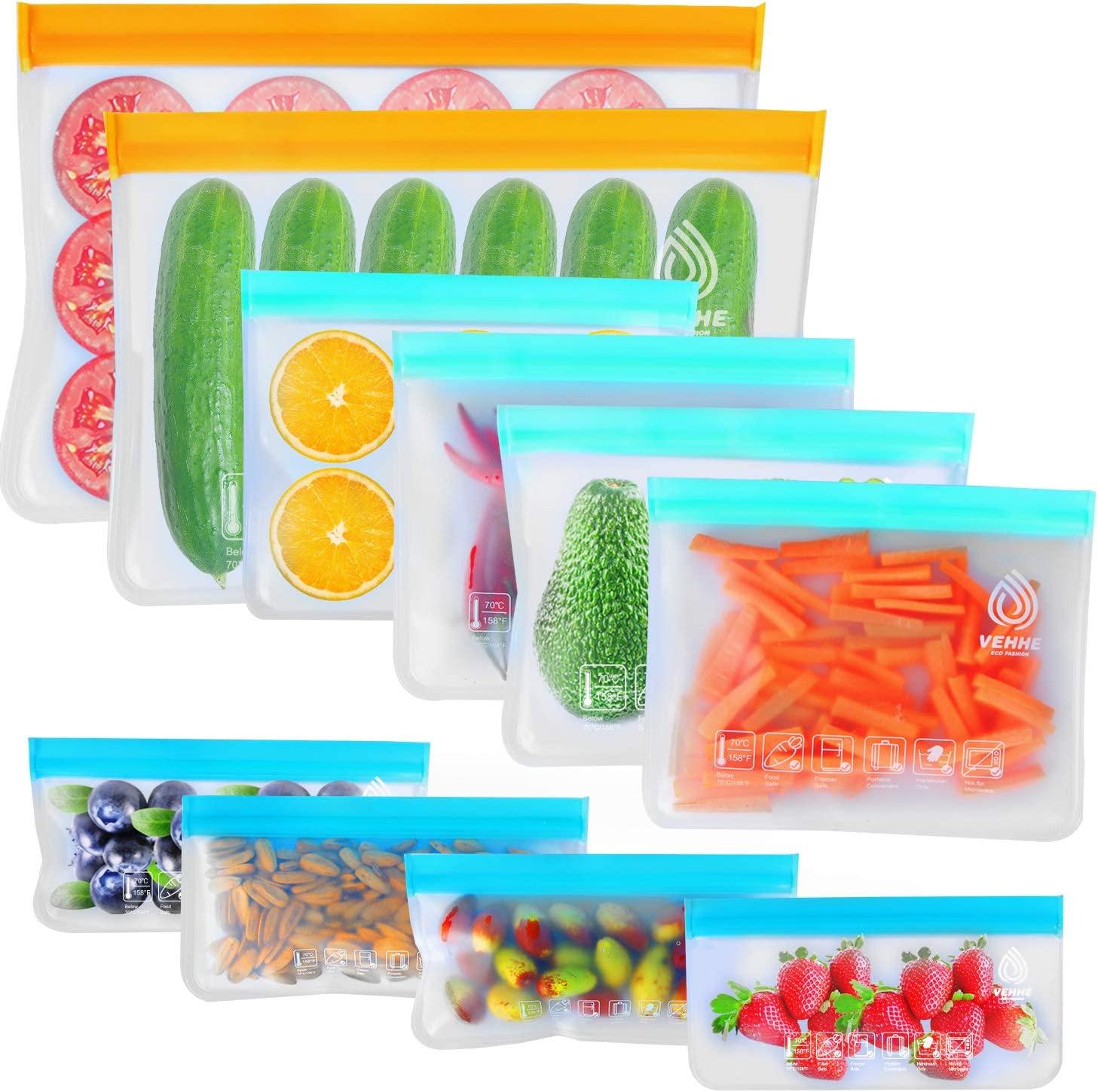 Qinline reusable food storage bags - 10 pack bpa free flat freezer