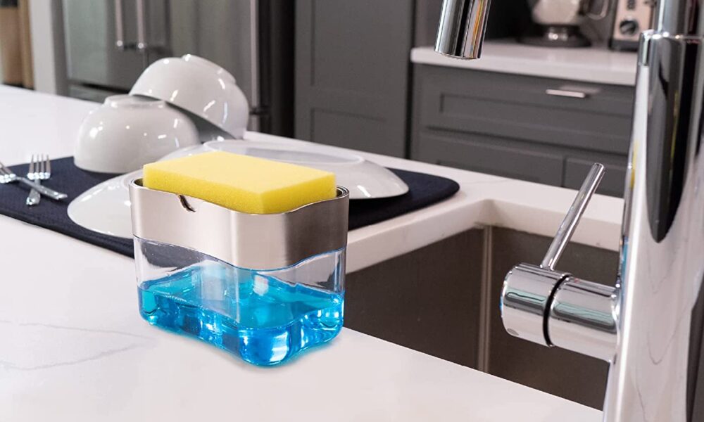 Dish Soap Dispenser Sponge Kitchen Sink Counter Dish Pump Caddy