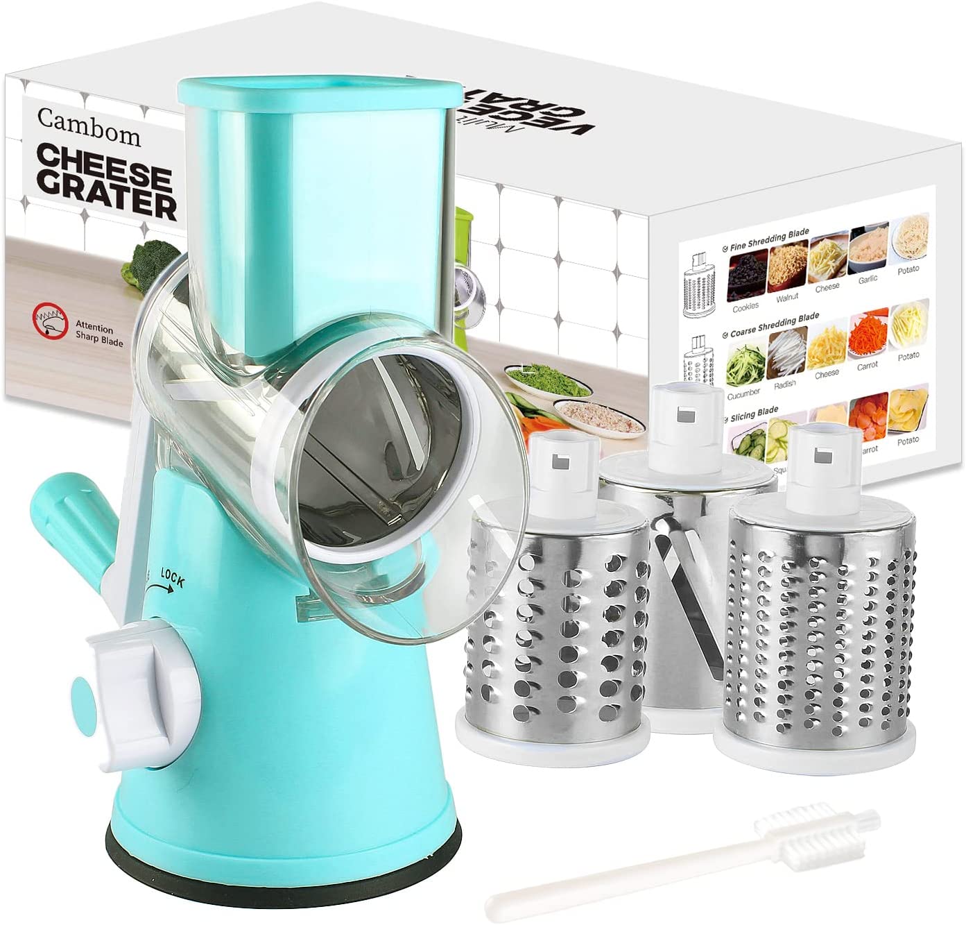 Geedel Rotary Cheese Grater, Kitchen Mandoline Vegetable Slicer with 3  Interchangeable Blades, Easy to Clean Rotary Grater Slicer for Fruit,  Vegetables, Nuts in 2023