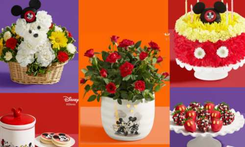 brightly colored collage of disney-themed floral products, cookies and berries