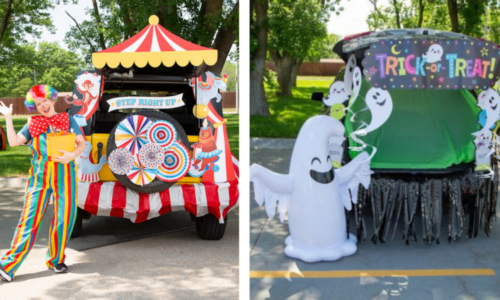 two car trunks decorated for a halloween carnival. a woman in a clown costume stands to the left