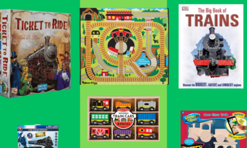 featured image with multiple toys and books about trains