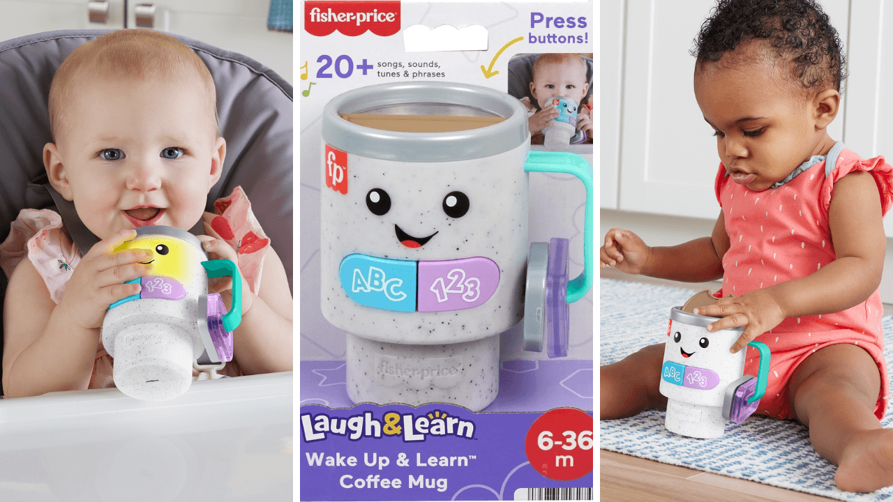 Trio of images - left, baby sitting in high chair playing with Fisher Price Wake Up & Learn Coffee Mug, middle the cup in its package and on the right a baby sitting on the floor playing with the cup