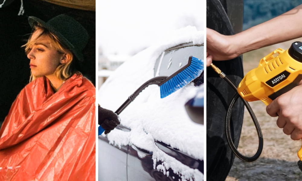 Woman in blanket (left), snow brush (center), air compressor (right)