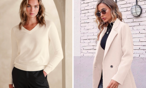 A woman wears a creamy winter white sweater, and another woman wears a classic cream colored pea coat.