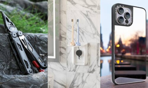 A multipurpose tool sits on a ledge, an outlet and shelf combo are mounted on a wall, and an iPhone case features a mirrored back.