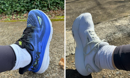 A person wears a pair of Hoka Clifton 9 and a person wears a pair of Brooks Glycerin 21.