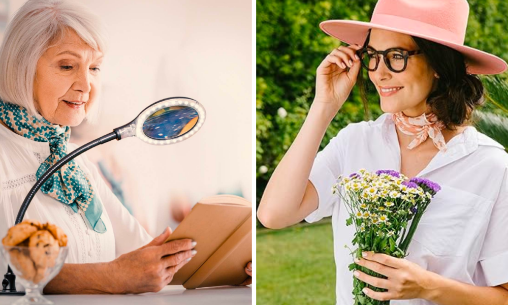 two images of women using a magnifying glass and wearing glasses