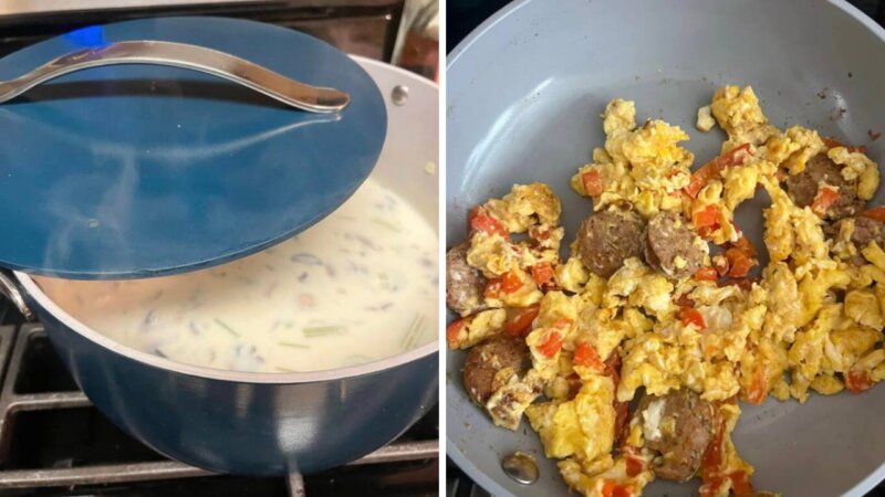 cookware and food dish side-by-side