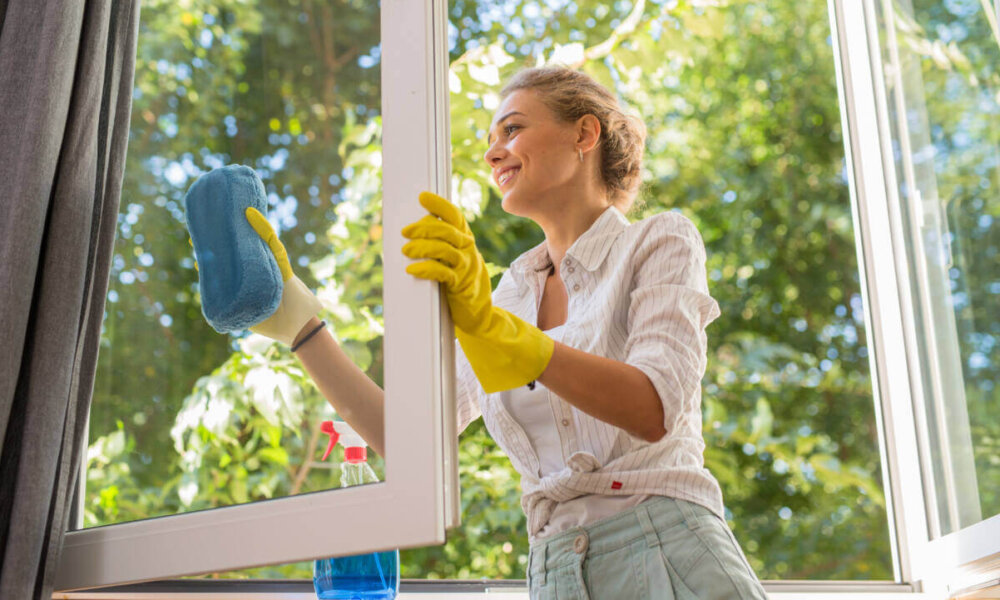 woman cleaning windows