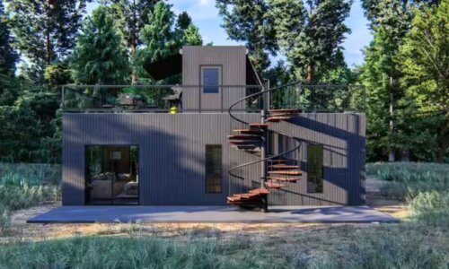 Tiny home with a spiral staircase in a backyard