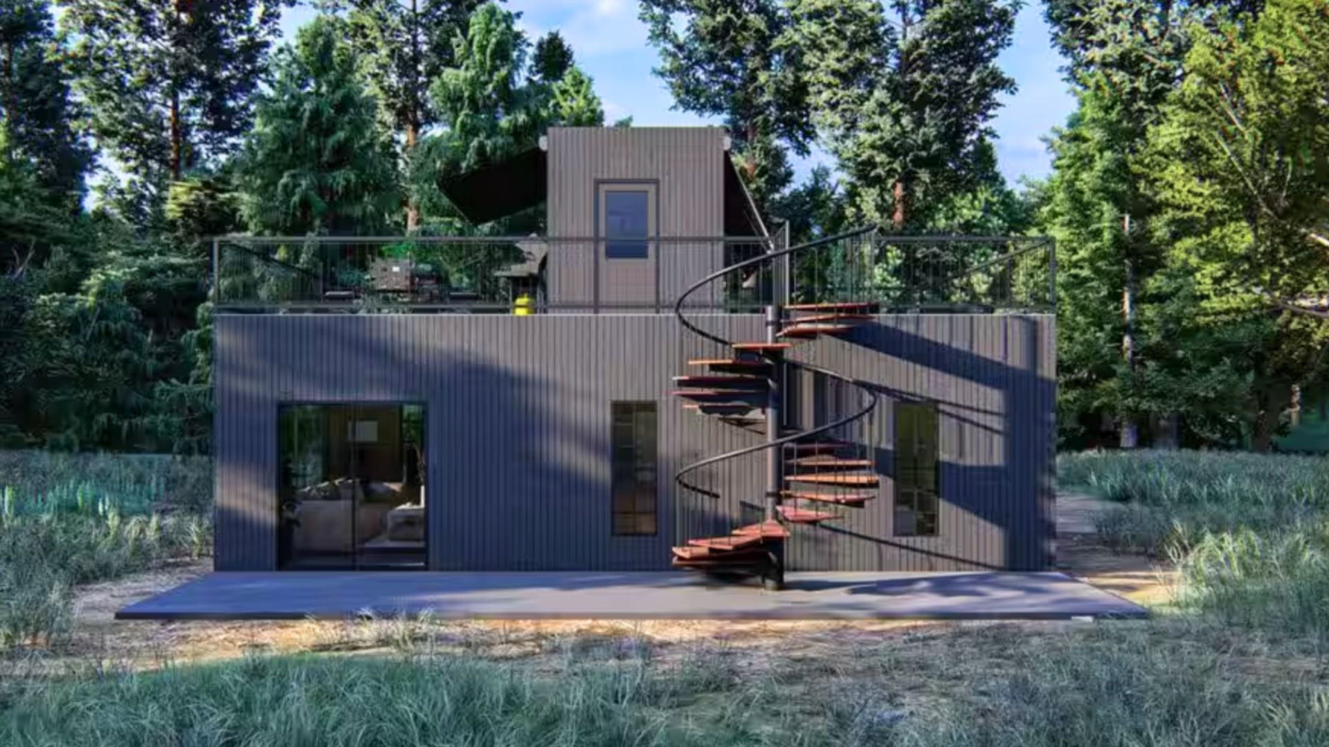 Tiny home with a spiral staircase in a backyard