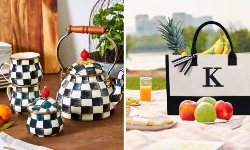 tea set and beach bag side by side